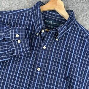 Ralph Lauren Yarmouth Shirt Mens 17 34/35 Blue Check Cotton Button Down Long